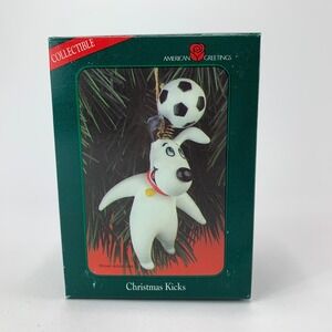 American Greetings Ornament Christmas Kicks White Dog Soccer Football In Box